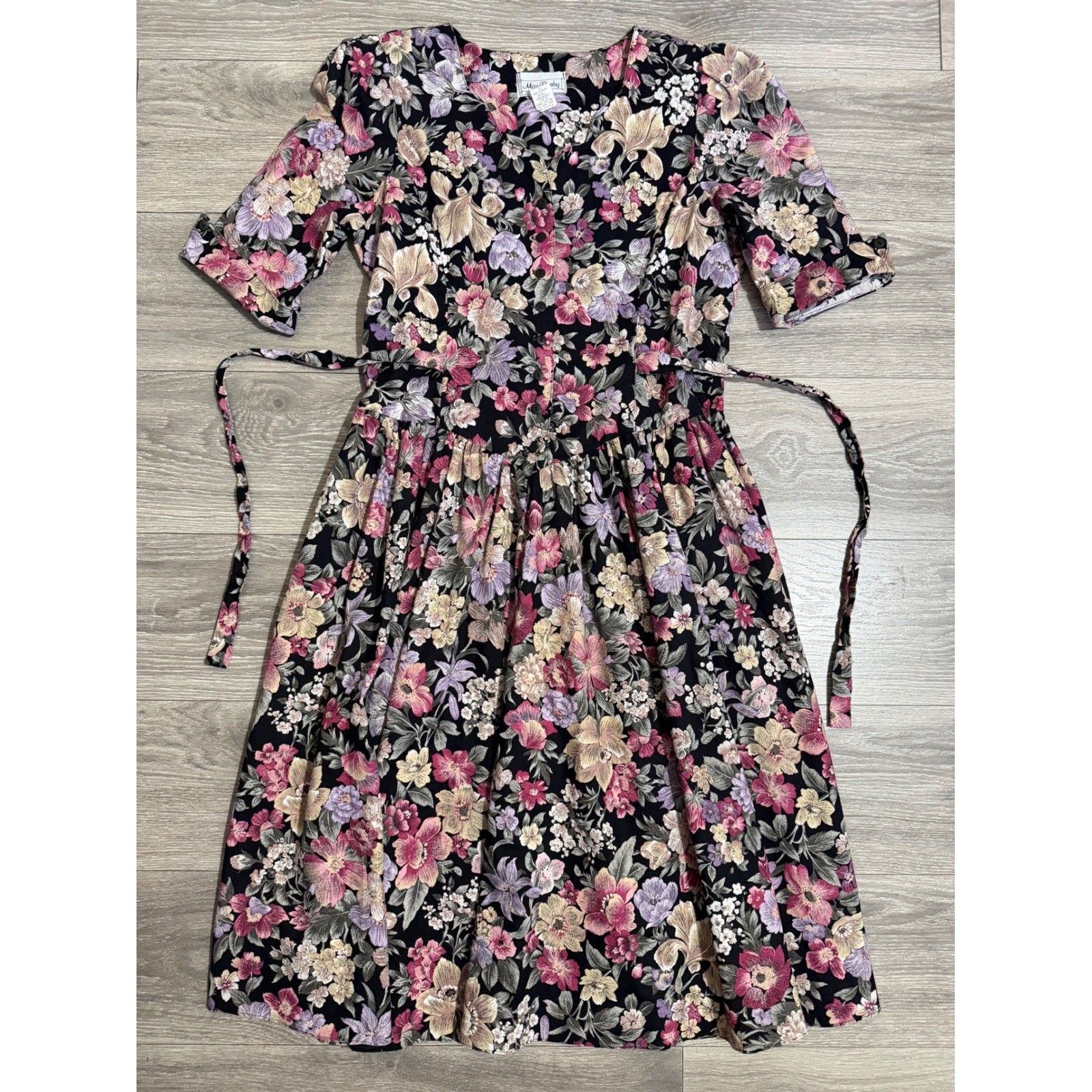 Miss Dorby Vintage 90s Floral Midi Dress L Black Purple Button Front USA Made