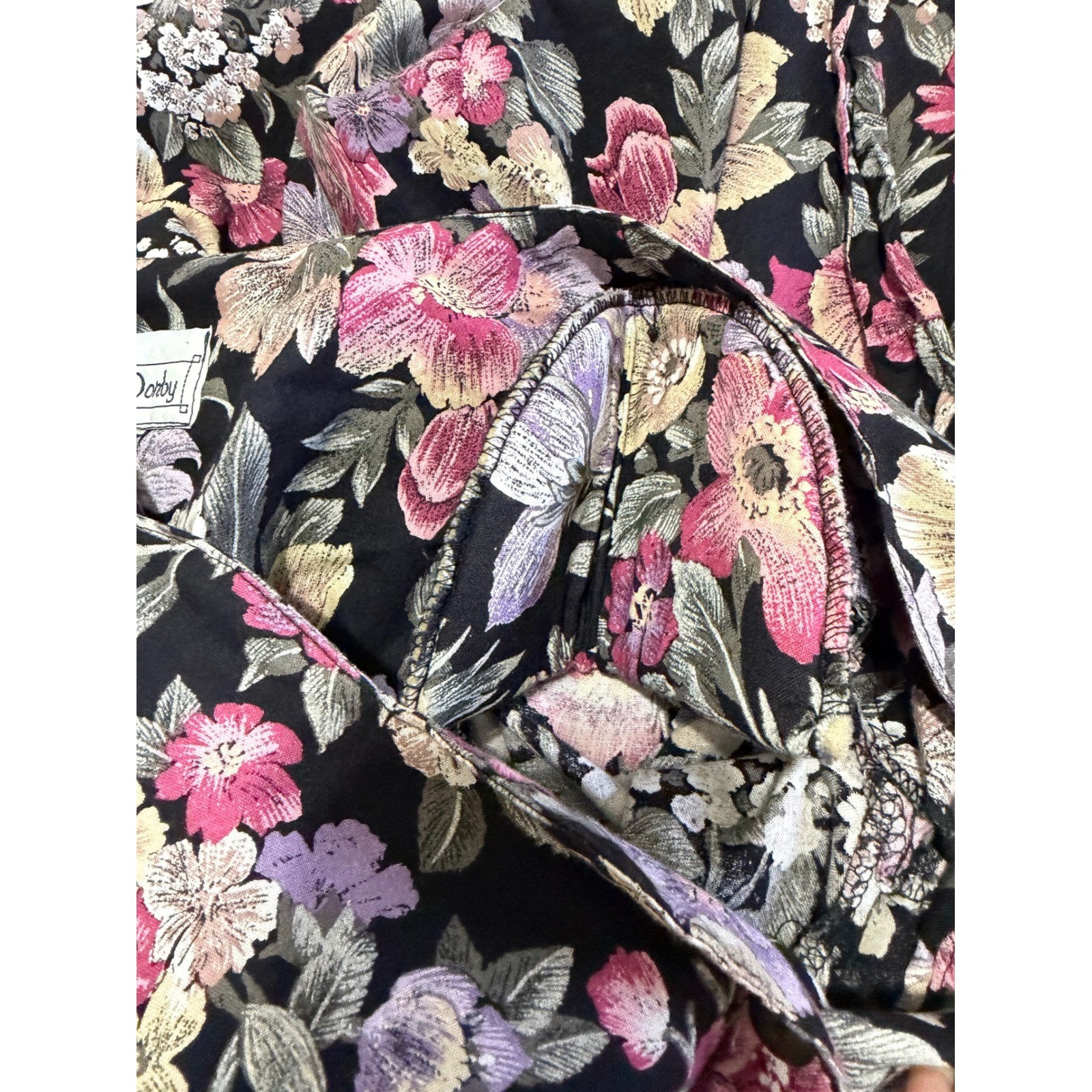 Miss Dorby Vintage 90s Floral Midi Dress L Black Purple Button Front USA Made