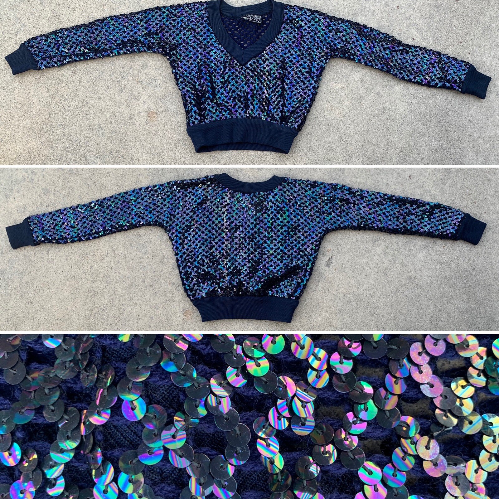 Vintage Anthony Muto AM PM Sequin Top Long Sleeve V Neck 70s 80s Size S M