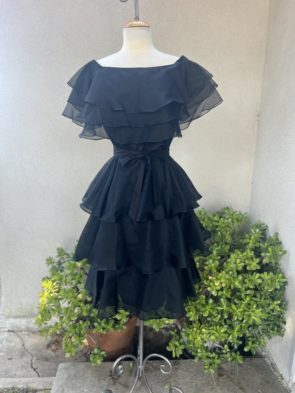 Vtg Black Chiffon Dress Cocktail Midi Tiered Sz 8 Jill Richards