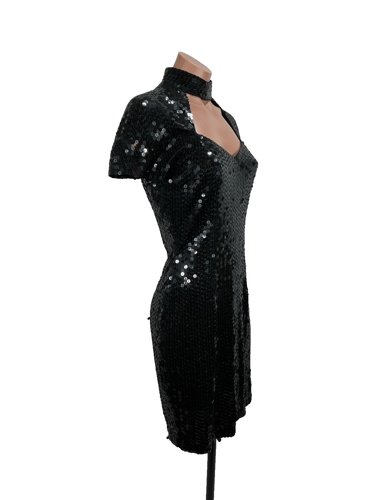 Vtg Nite Line Della Roufogali Sequin Caged Neck Mini Cocktail Dress Formal 6 90s