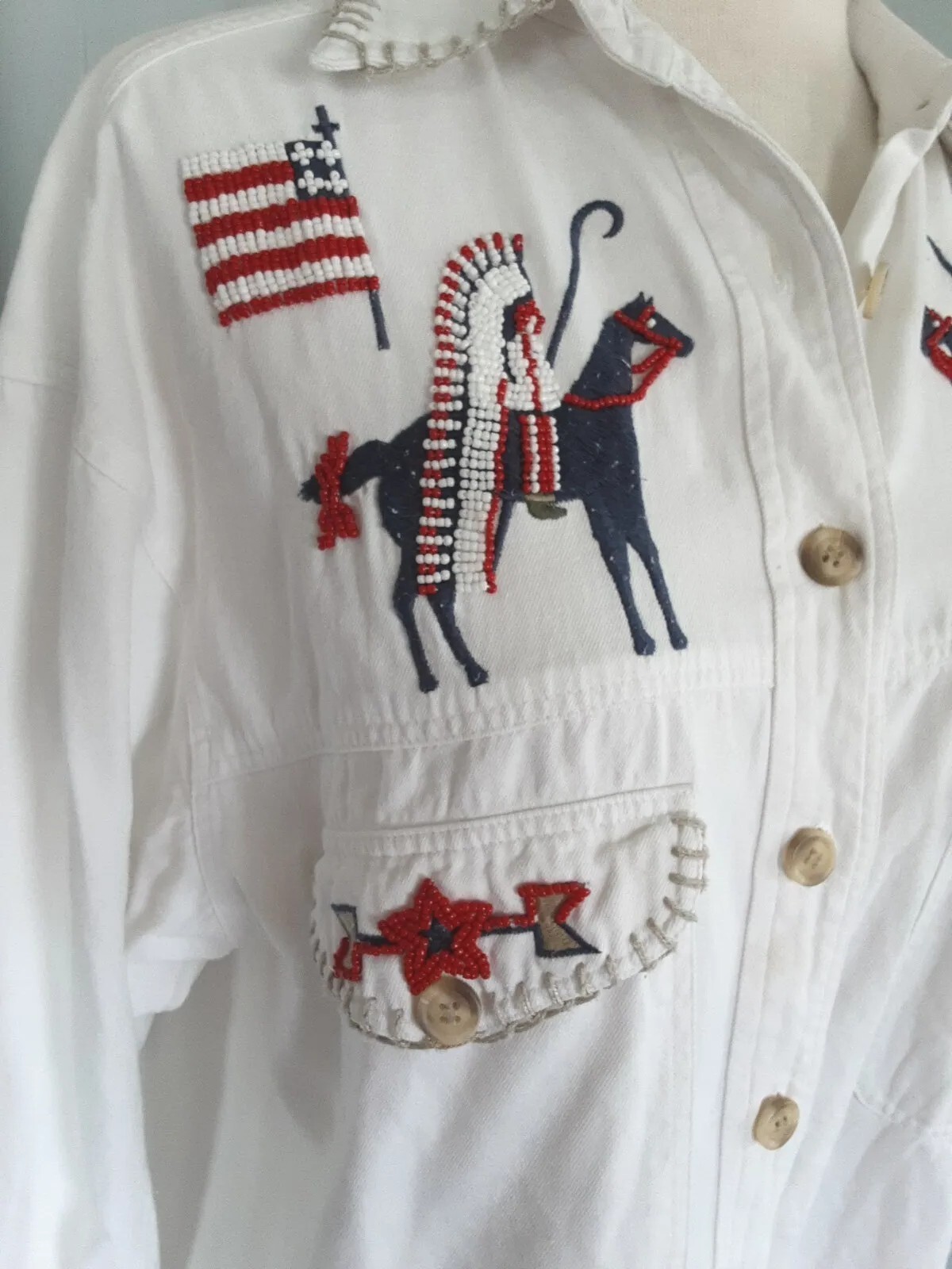 VTG/RARE•BEADED WESTERN SHACKET•INDIAN CHIEFS•HORSES•FLAGS•SZ S-M•CAMBRIDGE CO.