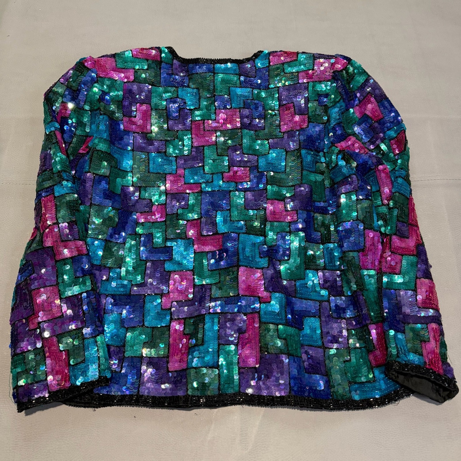 VTG Laurence Kazar Sequin 100% Silk Geometric Blazer Jacket Colorful Festivel-L-