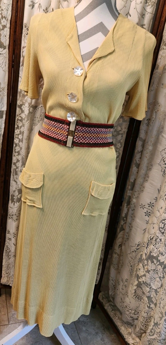 Vintage 1930s Yellow Waffle Knit Dress with Flutter Sleeves and Pockets