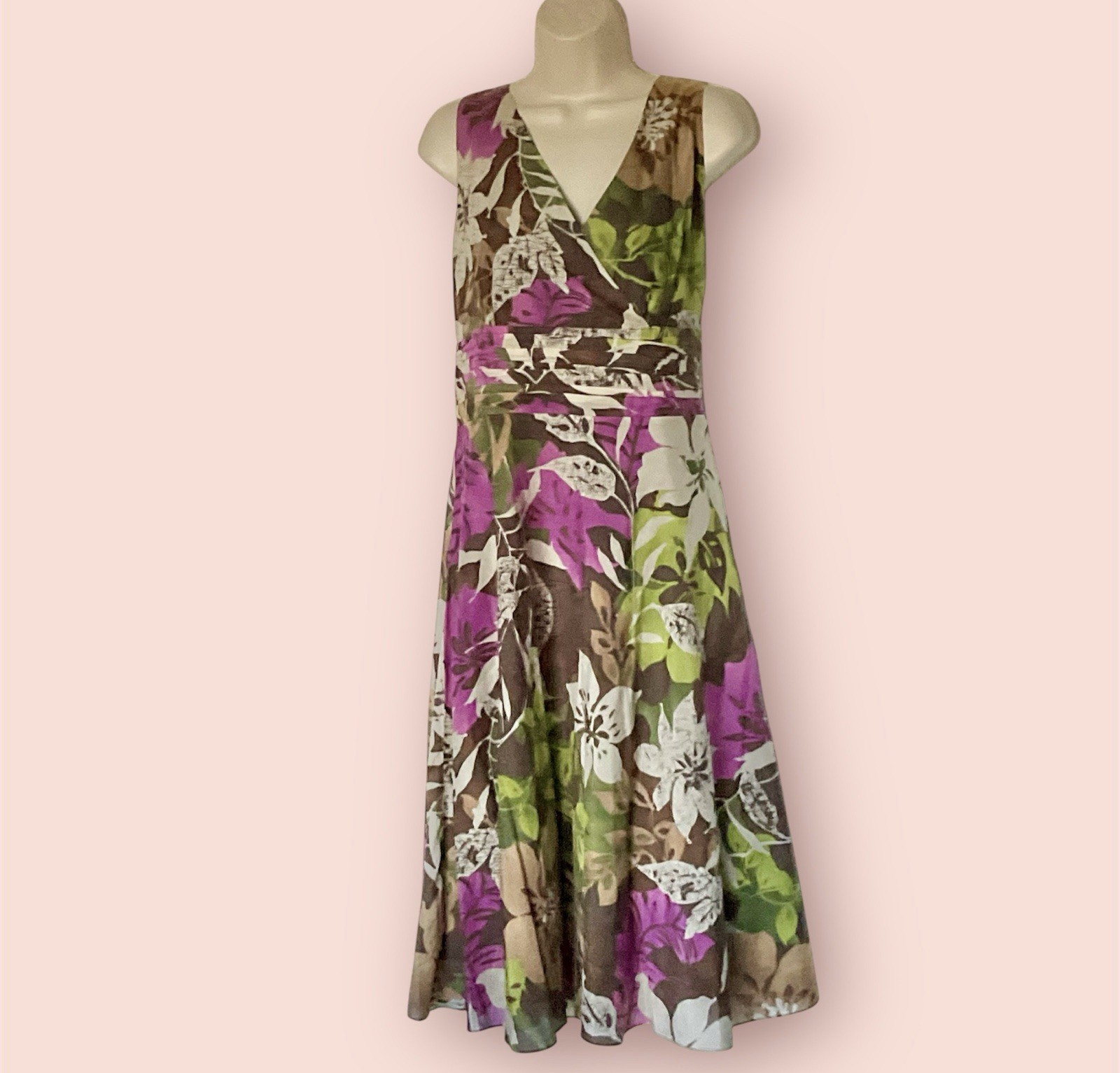 Vintage 100% Silk & Cotton Y2K 90s V-neck Floral Tropical Dress Large 12 Hawaii
