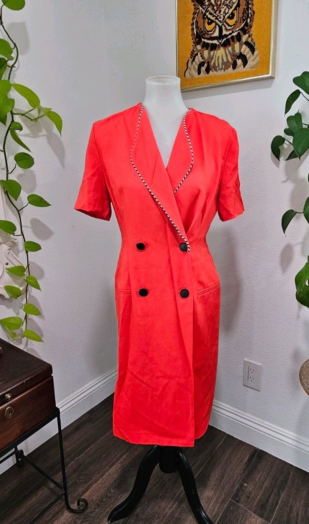 Vintage 80s Red Double Breasted Dress | Dani Max Petite 8 | Power Dress