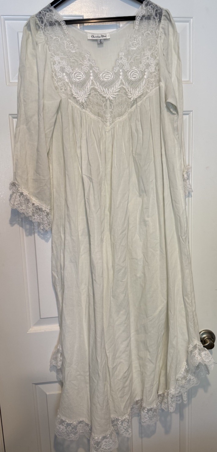 Christian Dior White Cotton Lace Trim Nightgown, Size M (MPN 338938)