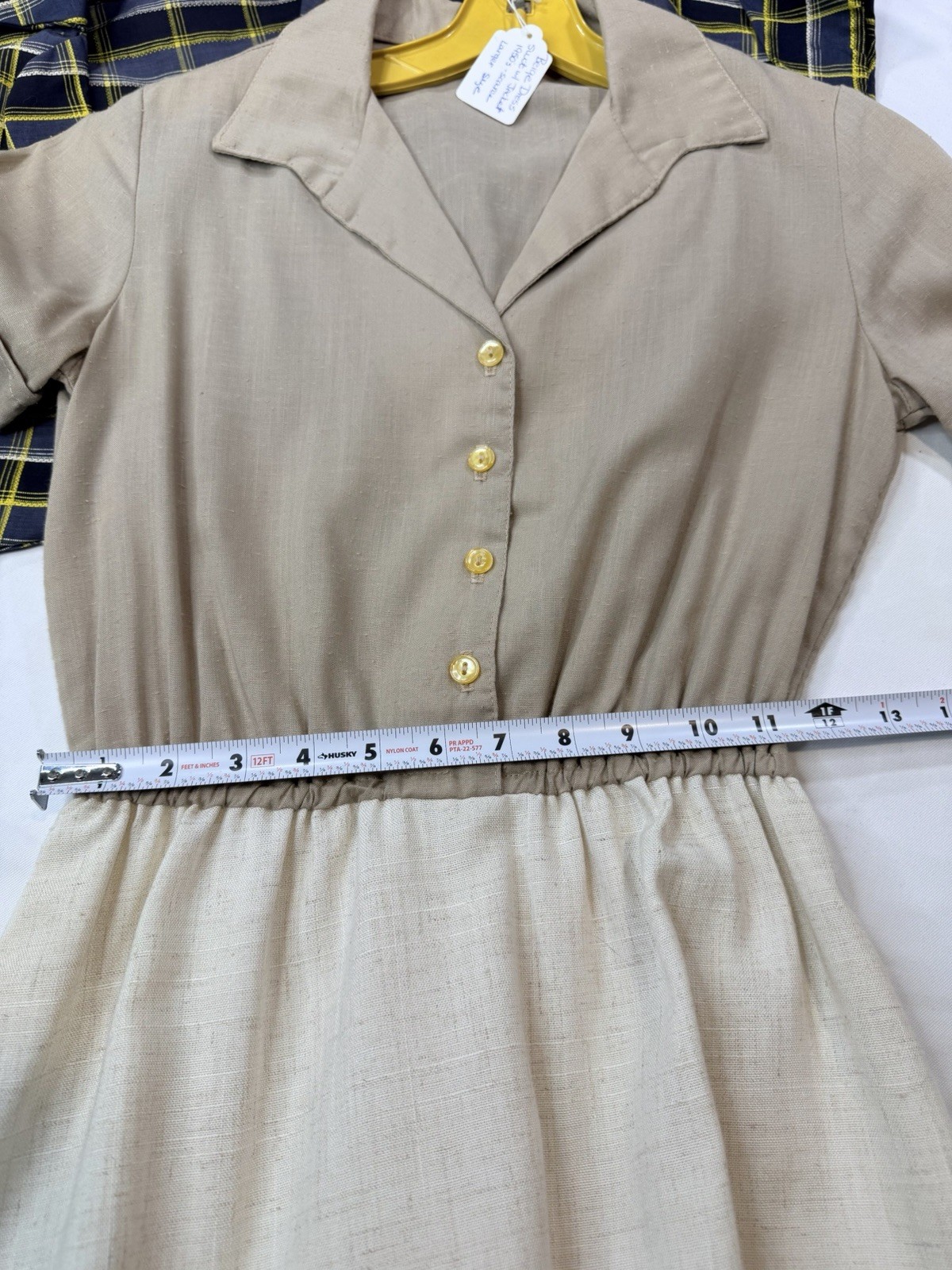 1950s 60s Beige Cream Shirtwaist Dress Elastic Waist Gold Buttons XS