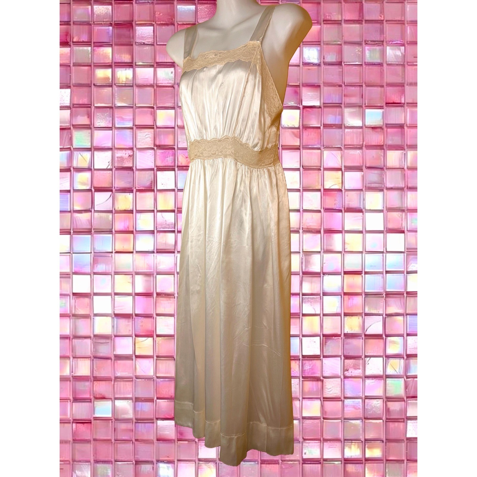 Vintage 1940s Textron Rayon Slip Dress | Cream Satin & Lace Lingerie