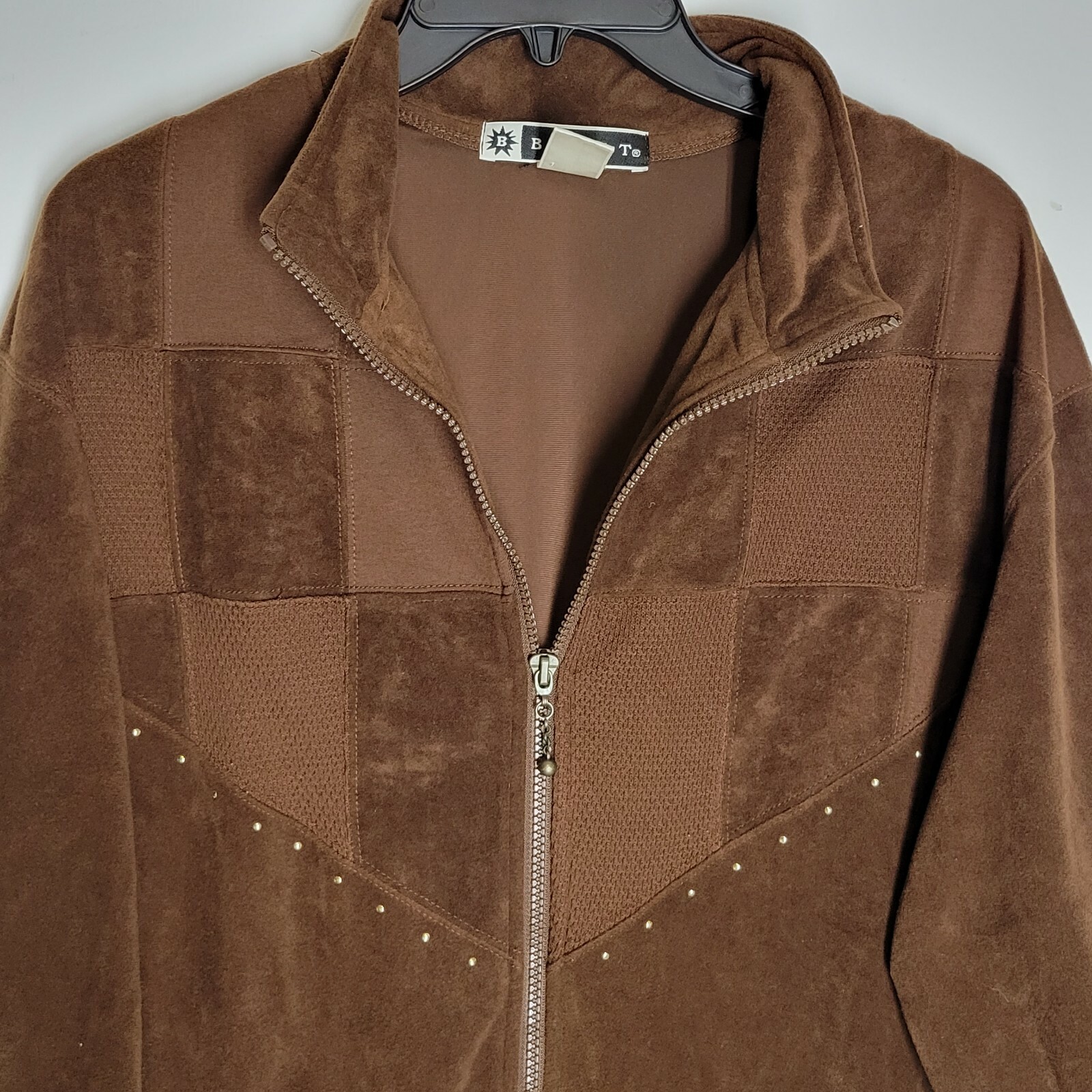VTG Blast Womens Full Zip Jacket Size Medium Brown Velour Patched Work Pockets