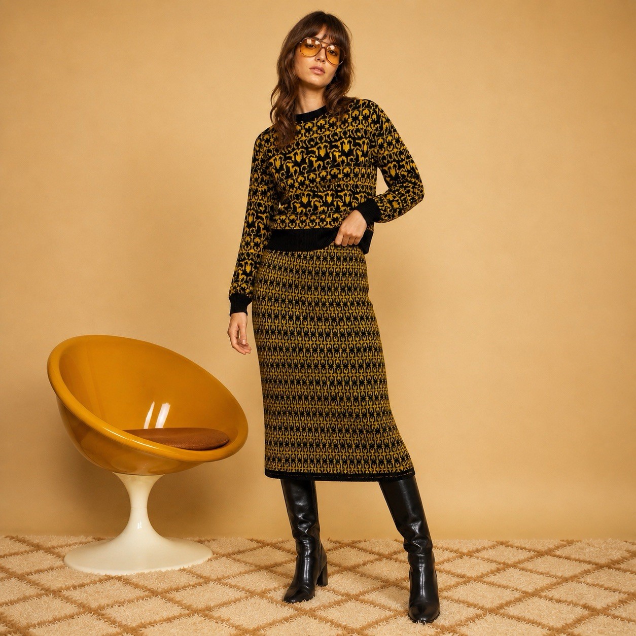 Vintage Bonwit Teller Knit Sweater Skirt Set Gold Black Baroque Greek Key 60s 70