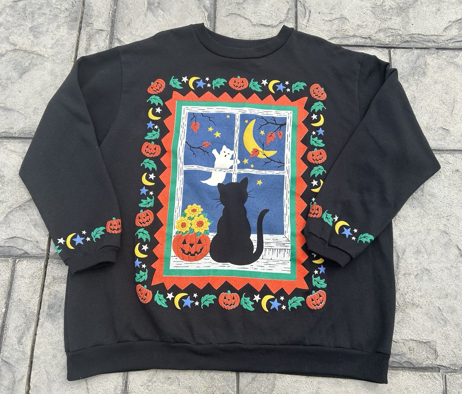 RARE Spumoni Black Cat Ghost Double Sided Black Halloween Novelty Sweatshirt 2X
