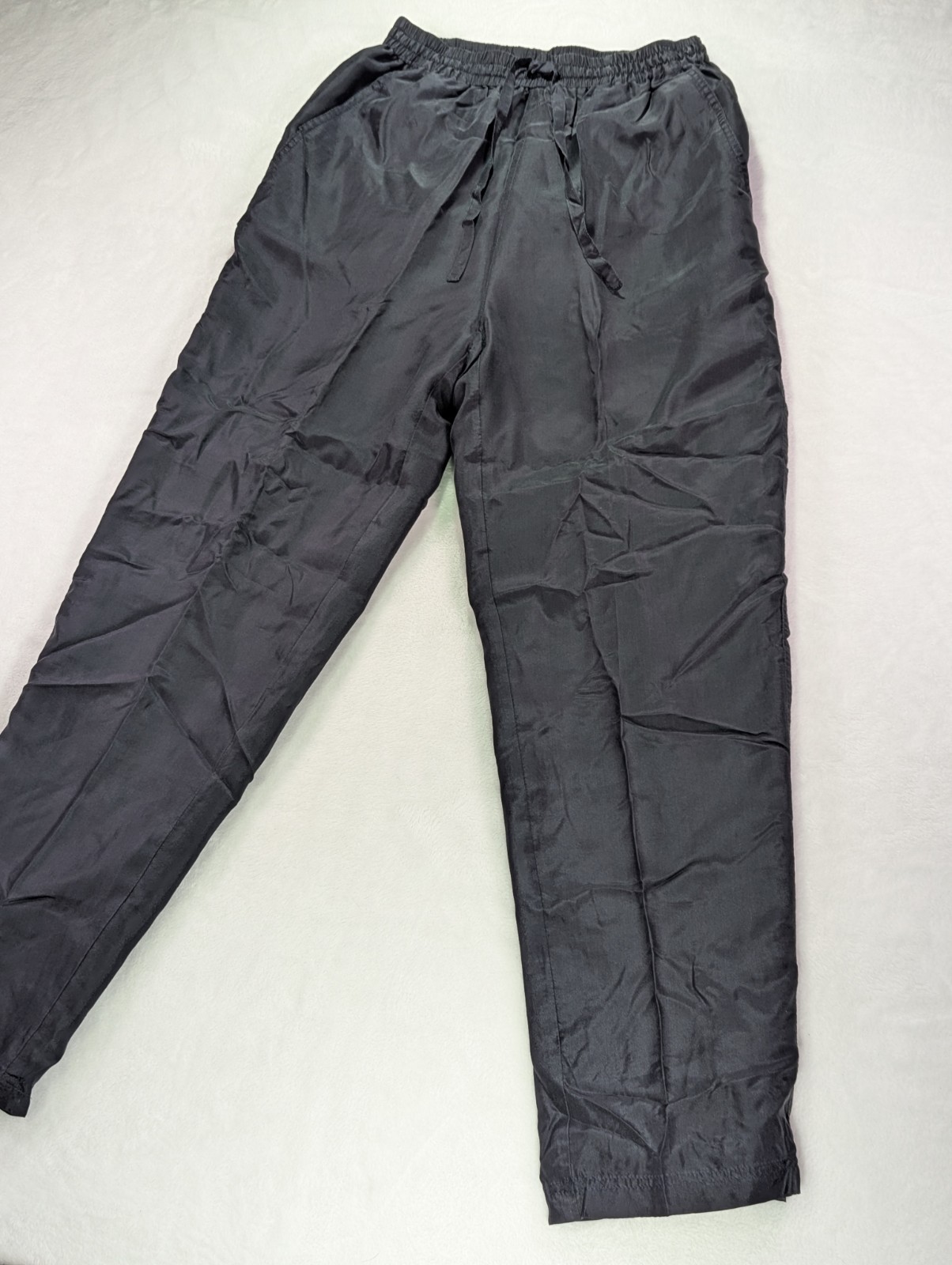 Vintage 80s Black Silk Track Pants Womens Size S Straight Leg Lined Pockets