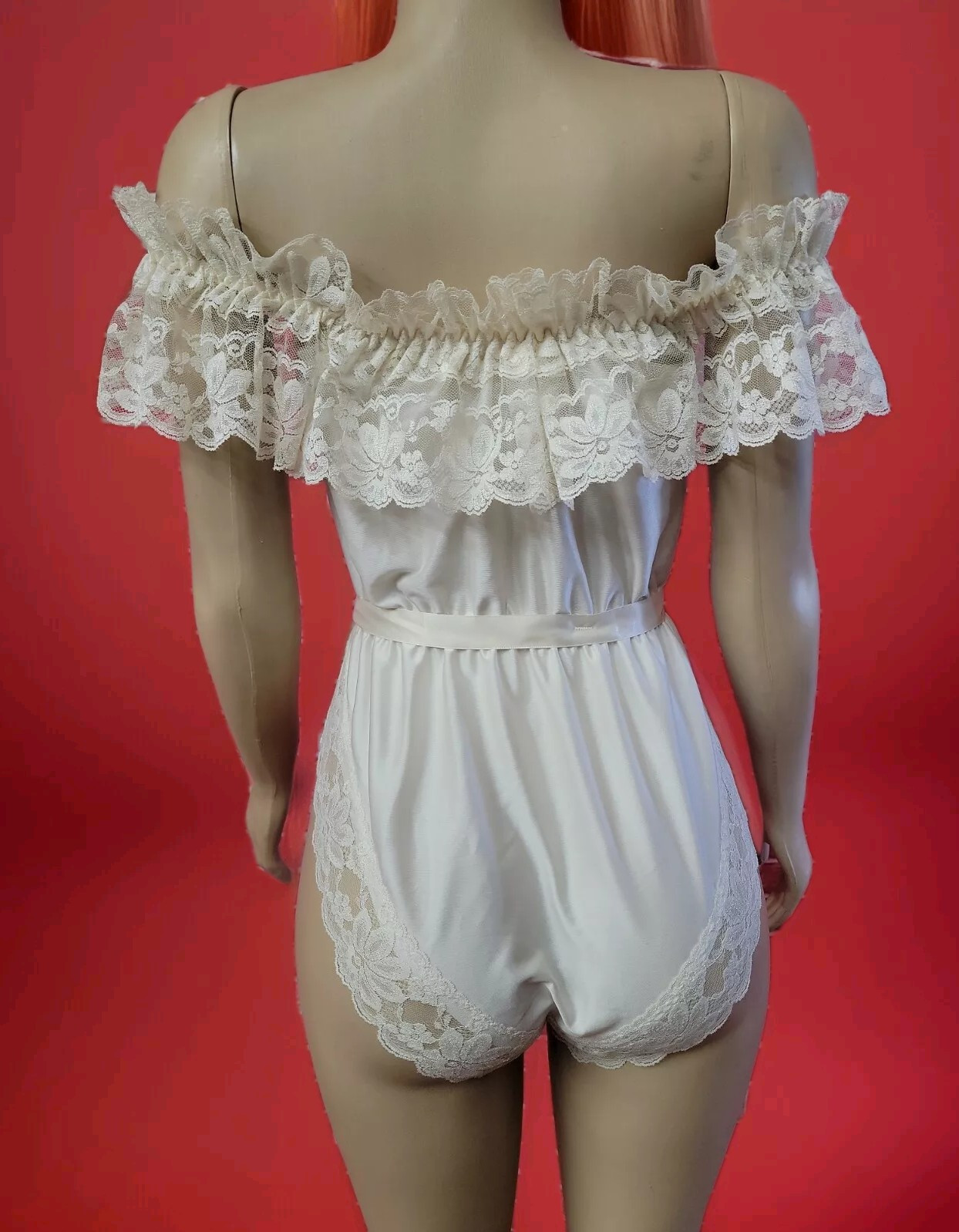 DOLORES For POIRETTE Peignoir Size M Vintage ivory Lace Bodysuit Lingerie #C6