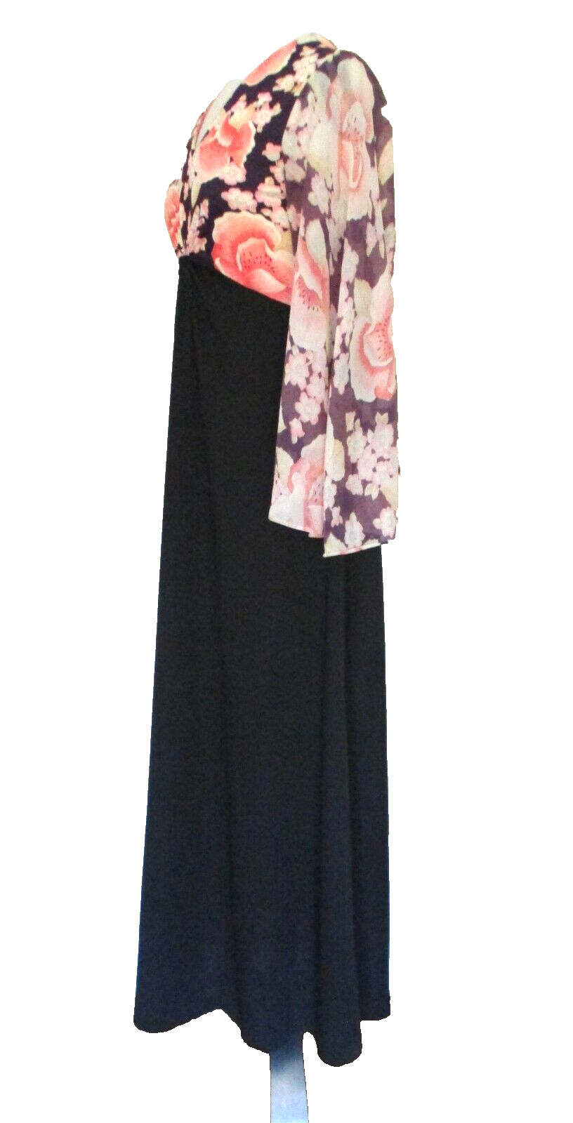 Vtg 70s Celara Knits Maxi Dress S Women Black w/ Floral Print Top Bell Sleeve