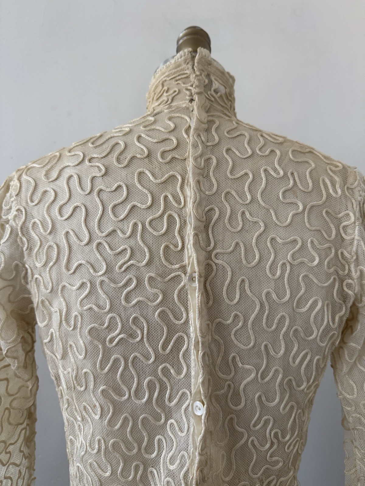 Antique Sheer Net Lace Blouse Top Cord Soutache Embroidery Art Nouveau Bridal XS