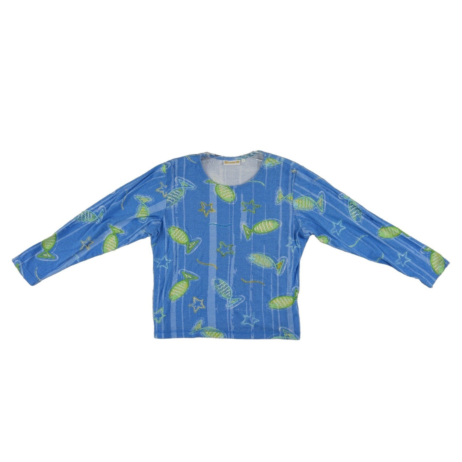 Vintage Lulu B Top Women’s Size Large Blue Fish Print Nautical Star 100% Cotton