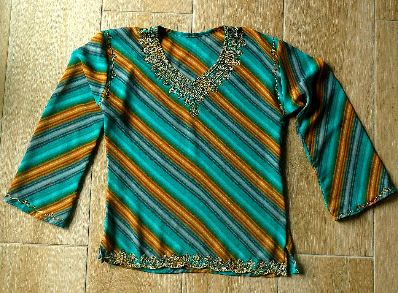EMBROIDERED BLOUSE VNT 70s 80s 90s Long Sleeve Striped XS/S BOHO Print Hippie