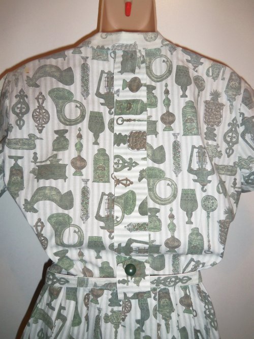 Vtg 50s VIRGINIA HART Cotton Fabric KITCHEN THEME Belt Dress DEADSTOCK M L NOS