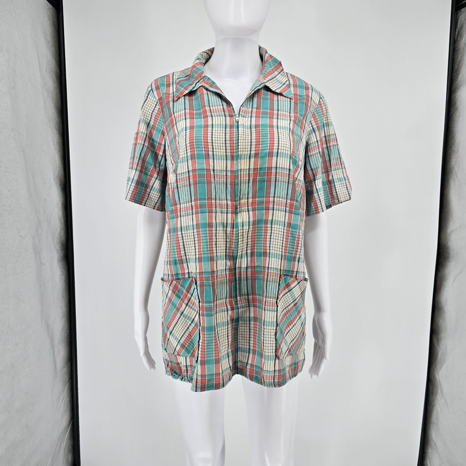 Vintage 1960s Teal/Coral Red Plaid Zip-Front Belted Tunic (L/XL) *Missing Belt