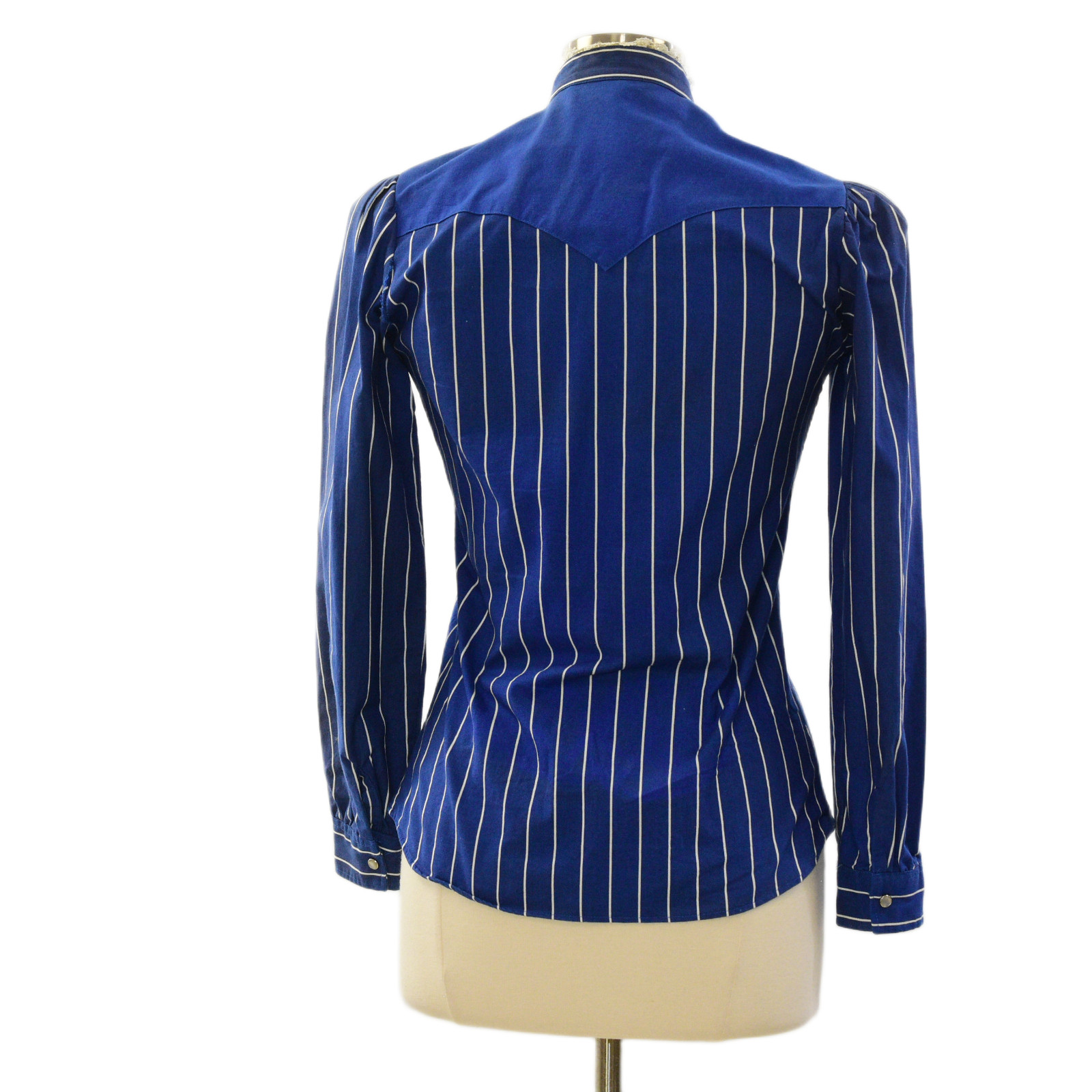 70s Vintage Blue Western Pearl Snap Shirt Womens M Lace Trim Pin Stripe Prairie