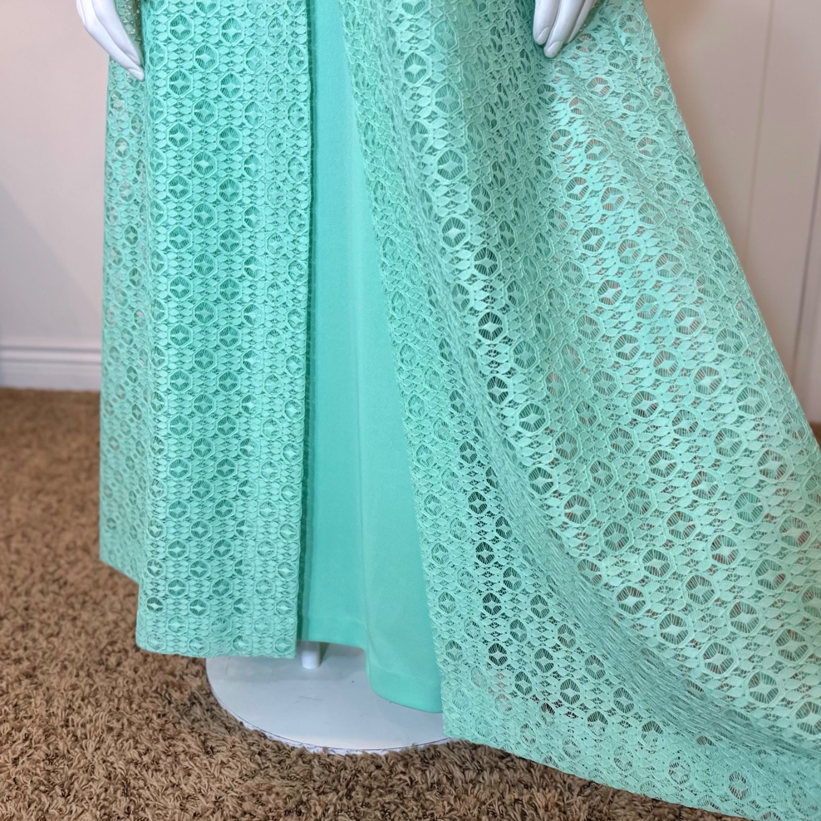 Vintage 70’s LACE MAXI SHIRT JACKET x DRESS SET M MCM Retro Green Suit Evening