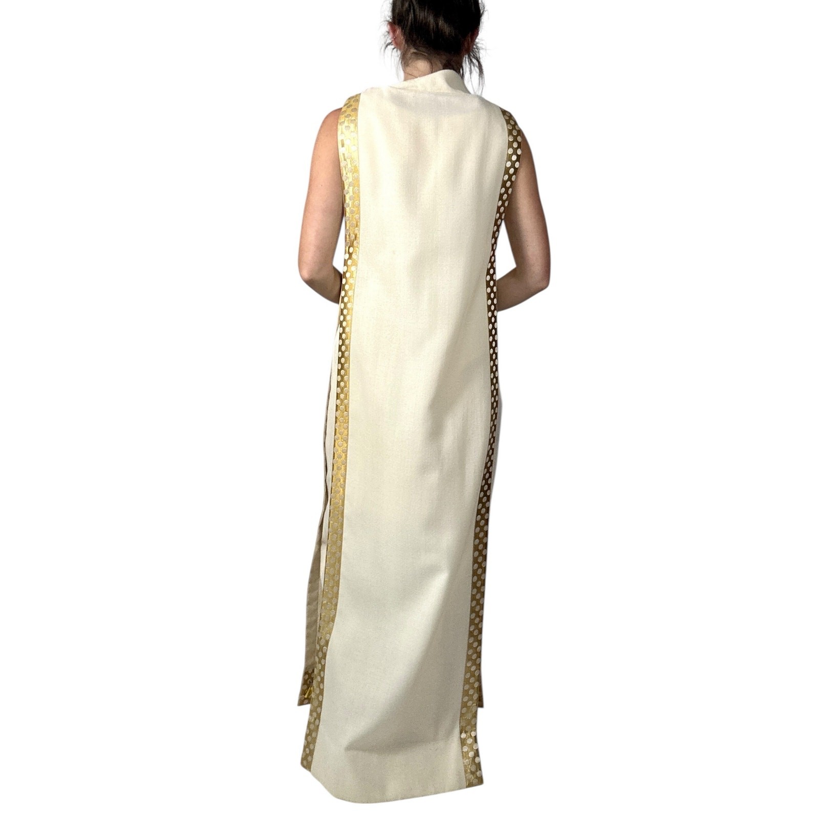 Vintage 1960s White Wool Jumpsuit Peer Label Metallic Gold Polka Dot Cape Mod