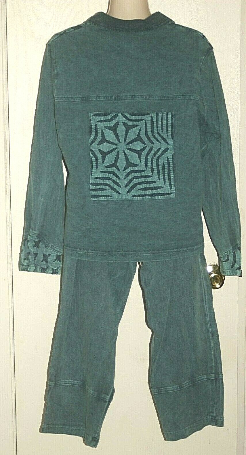 VINTAGE PRODUCE CO STUDIO Pants Jacket 2 pc Cotton Teal Green USA Sz S/M *VG