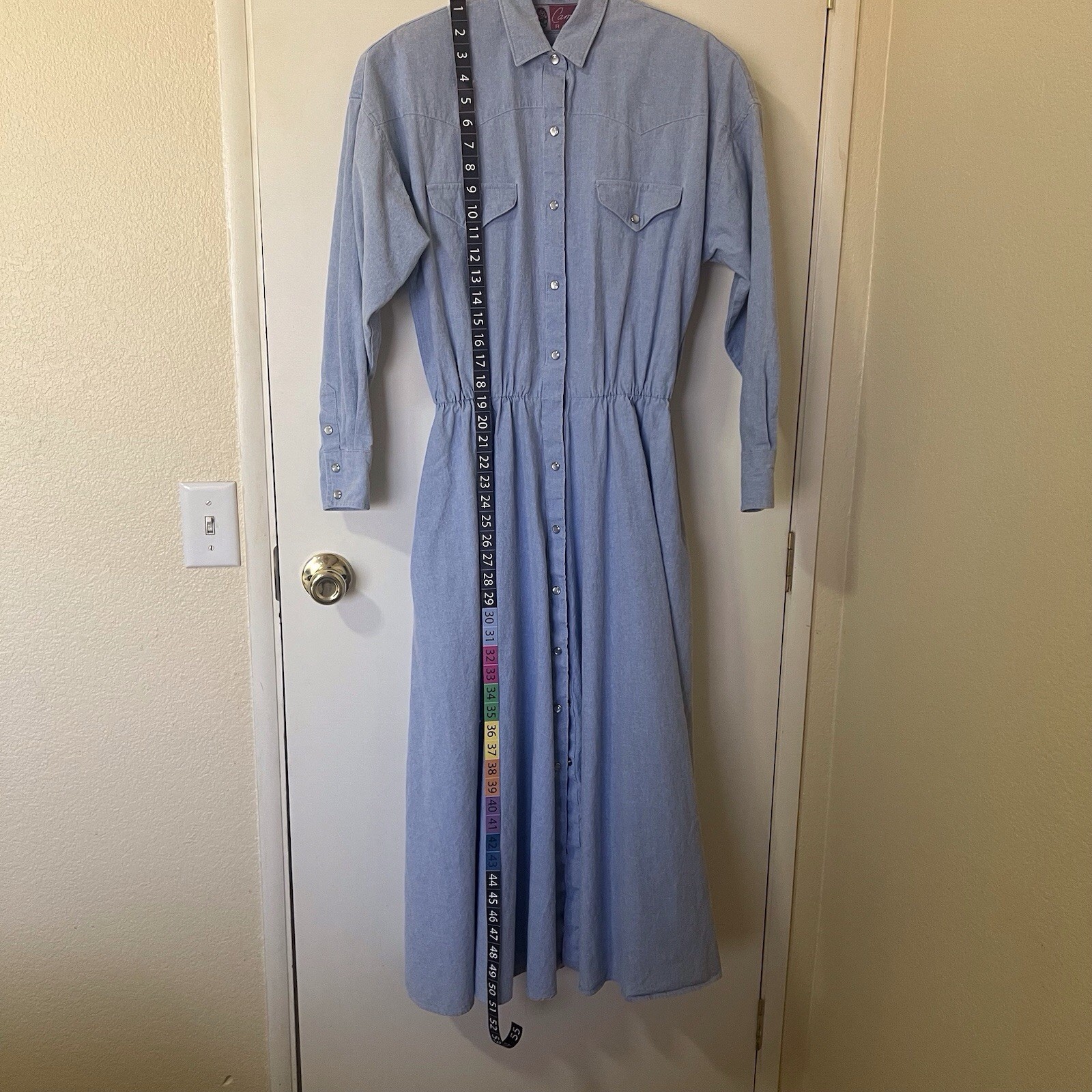 Vtg 80s Western Maxi Shirt Dress Pearl Snap Elastic Waist Pockets 9/10 Cowgirl