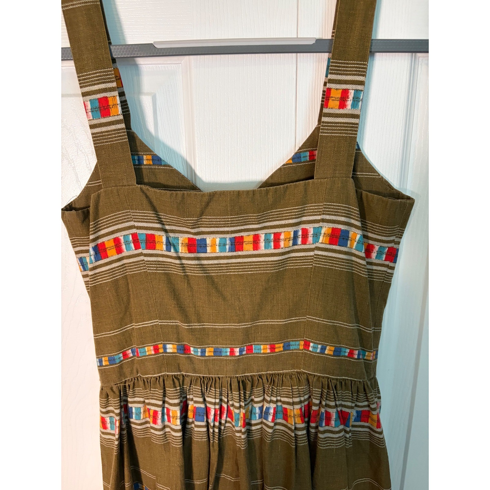 Vintage Coco California Olive Brown Multi Color Stripe Button Front Sun Dress