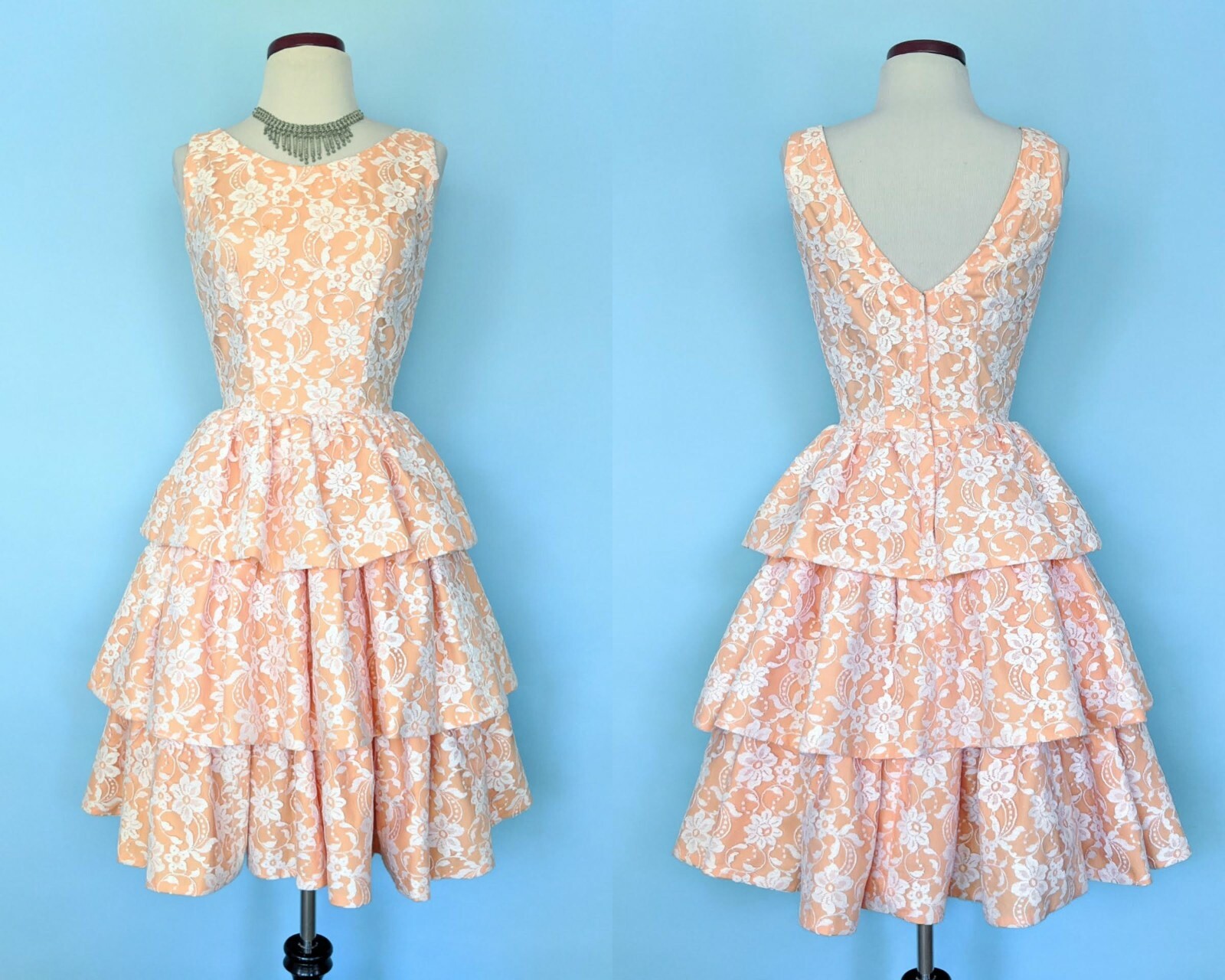 Vintage 60s Tiered Party Dress, 1960s Peach and White Lace Prom Cocktail Dress