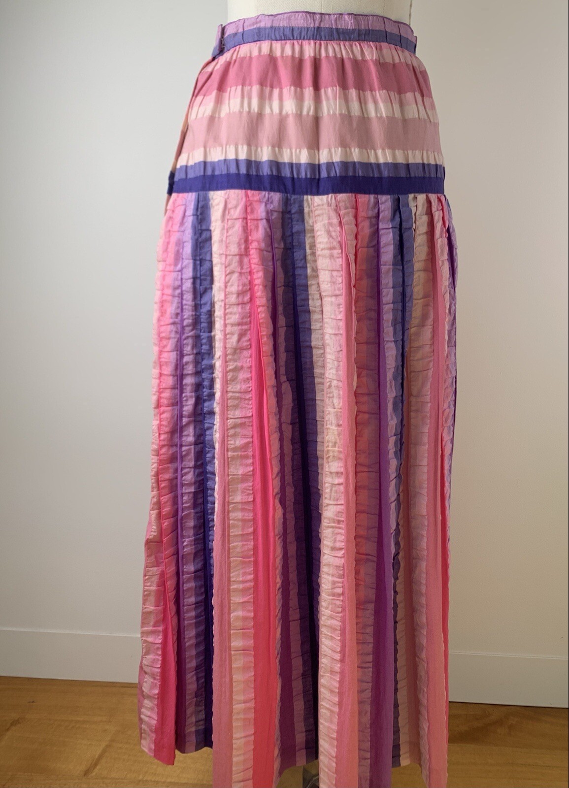 Vintage 1970s Maxi Skirt Madras Seersucker Pastel Rainbow Stripe Handmade S/M