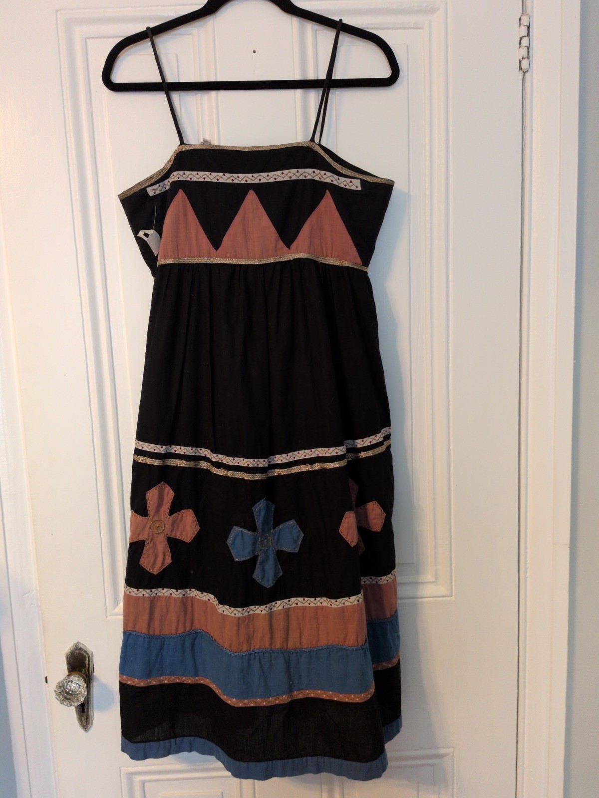Vintage Bloomingdale Indian Made 100% Cotton Black Midi Pockets Embellishments M