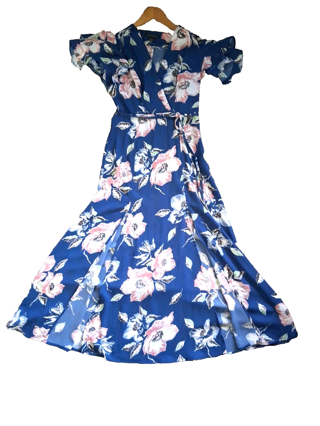Vintage French Connection Maxi Dress Floral Ruffled Sleeve Size 2 Front Slits