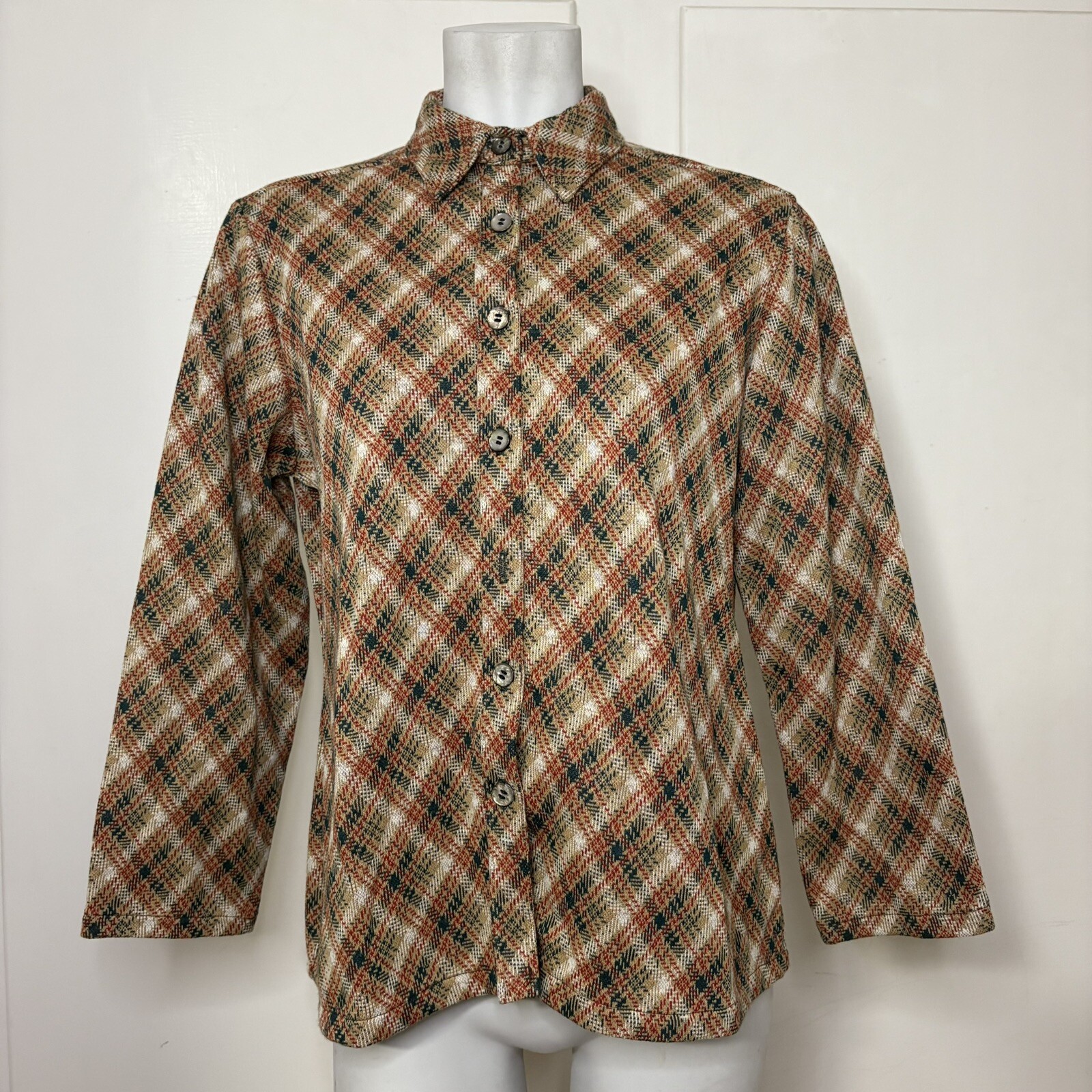 Vintage 70s Tan Red Green Plaid Double Knit Polyester Collared Button Up Shirt
