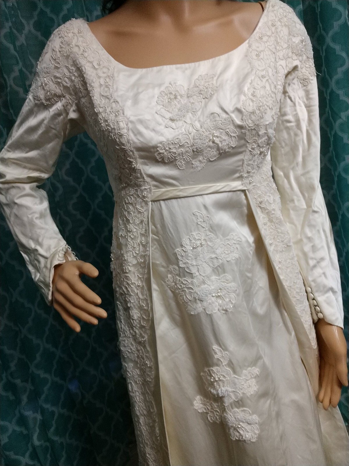 Vintage 1960’s Juliet champagne Satin Wedding gown Long Sleeves Empire waist