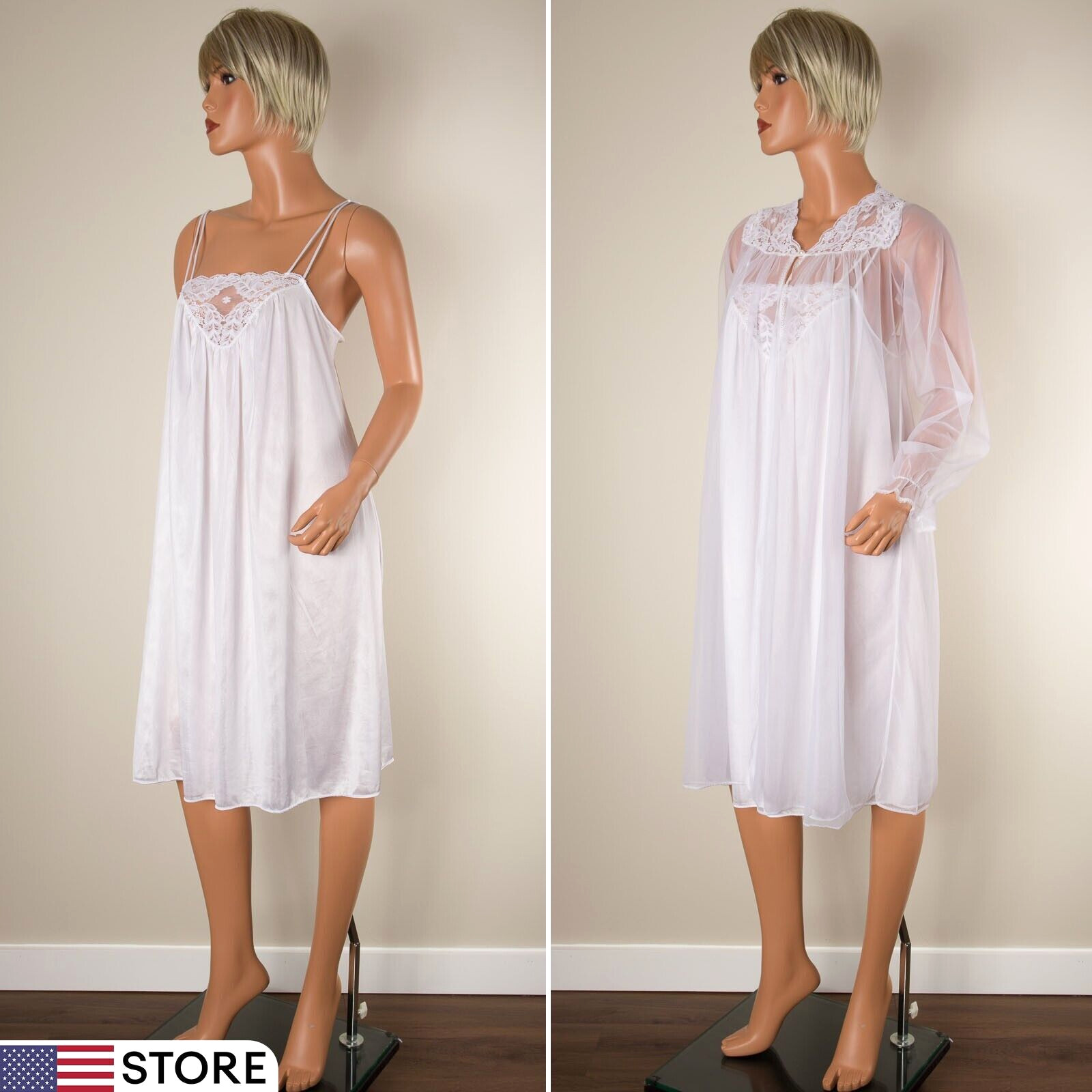 💖 VTG KAYSER Bridal Chiffon Peignoir Nightgown Set White Robe Negligee Lace S
