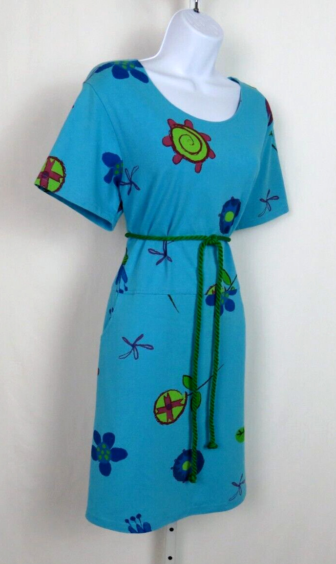 VTG 1980s 90s RED GINGER MEDIUM COTTON DRESS MOD FLOWERS ROPE BELT AQUA BLUE