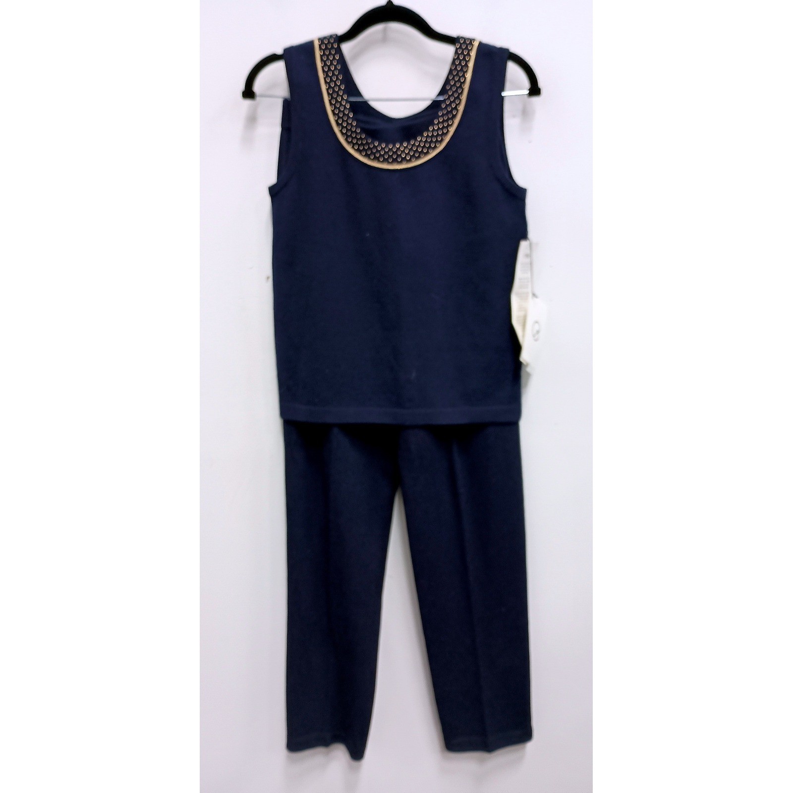 St. John Basics Knit Pant Set Womens 2 Blue Studded Sleeveless Vintage Luxury