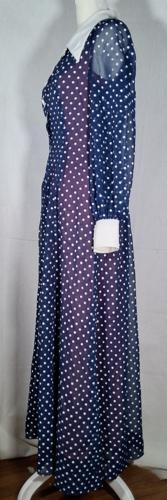 Vtg 70s Blue And White Polka Dots Chifon Long Maxi Dress Korean Tailor Shop Sz S