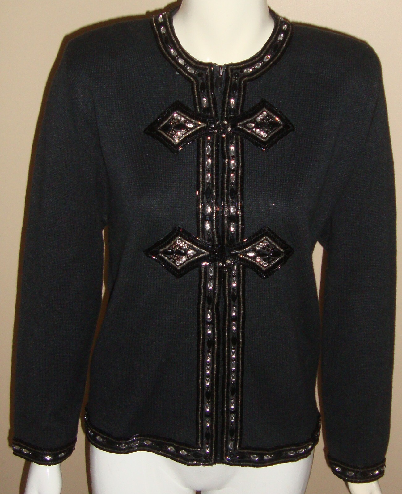Bonnie Boerer Petite Black Beaded Sweater Zip Knit Jacket Beaded Size S Vintage