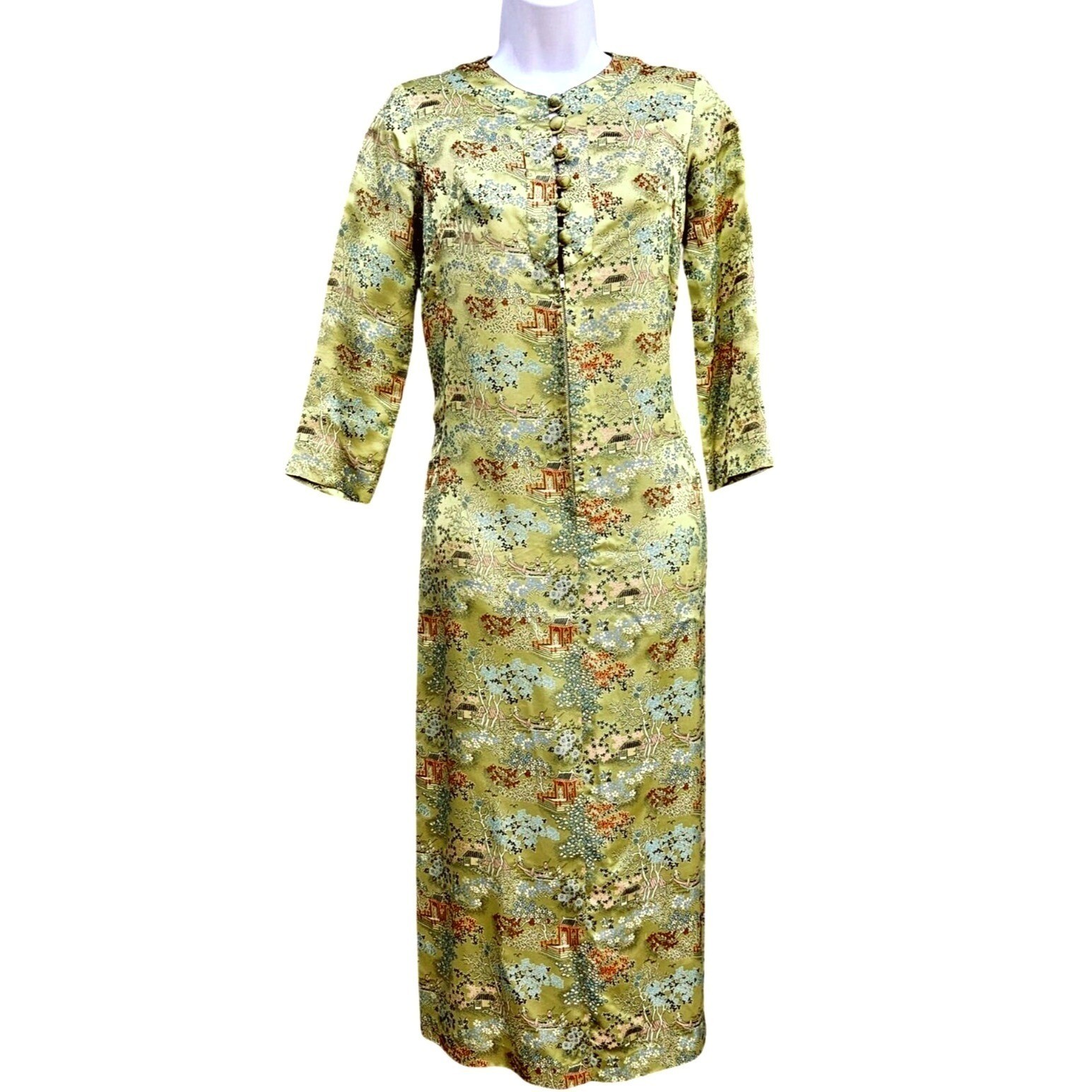 Vintage 50s 60s Chinese Brocade Midi Dress Frog Buttons Chinoiserie XS