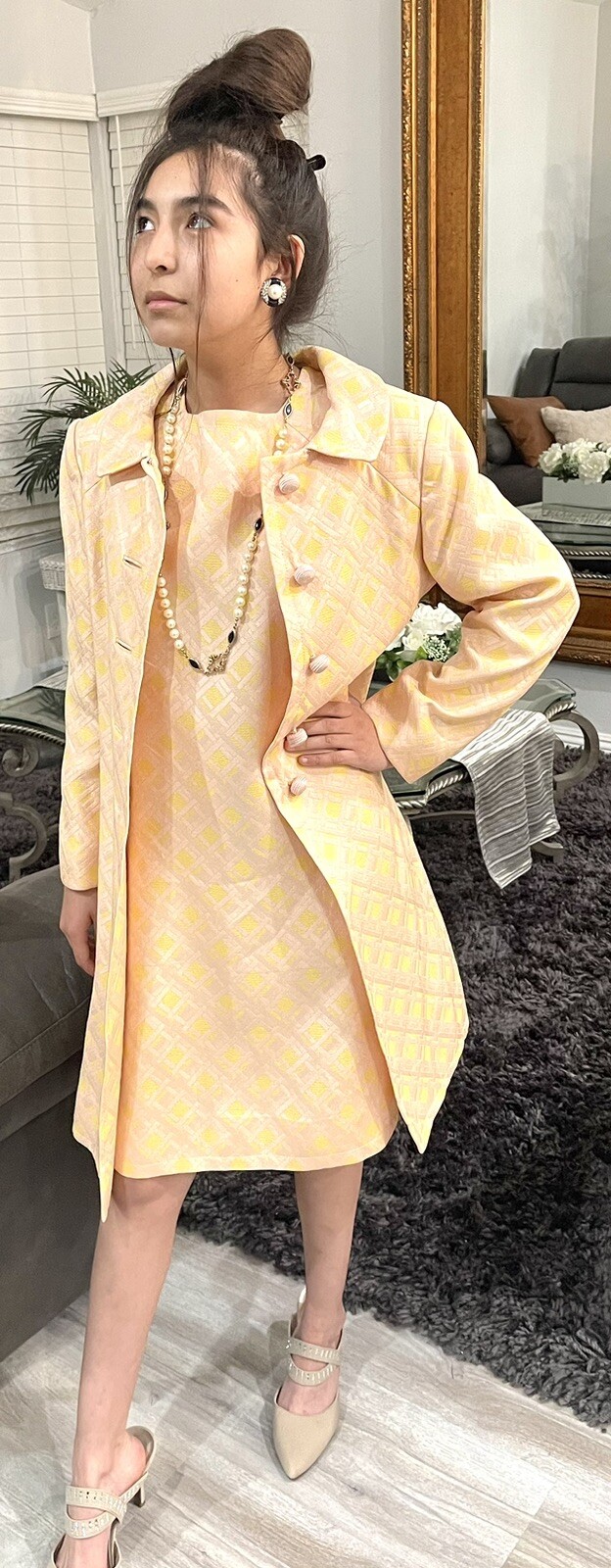 1960’s Pink Yellow Brocade Easter Spring Wedding Union Made Dress Coat Suit Sz 8
