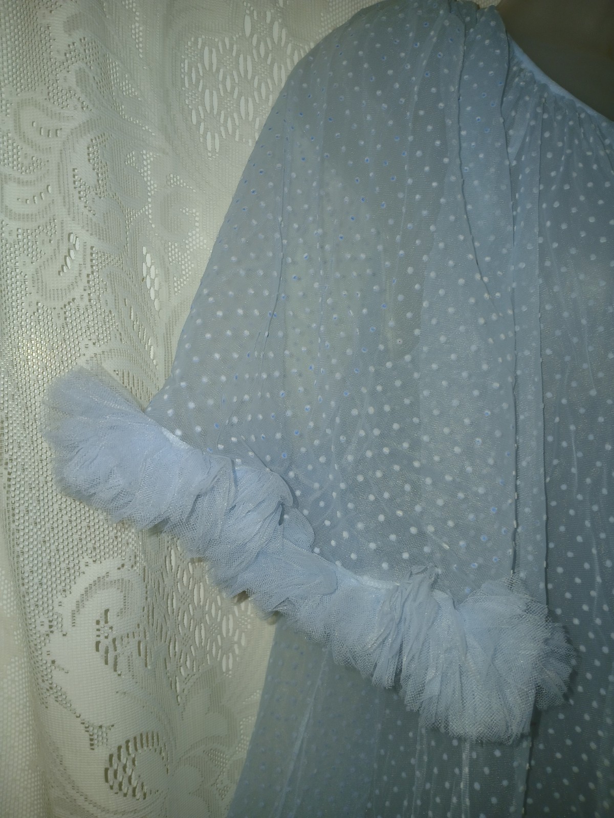 Vintage 50s Lisette Blue Flocked Swiss Dot Sheer Nylon Ruffled Peignoir Robe EUC