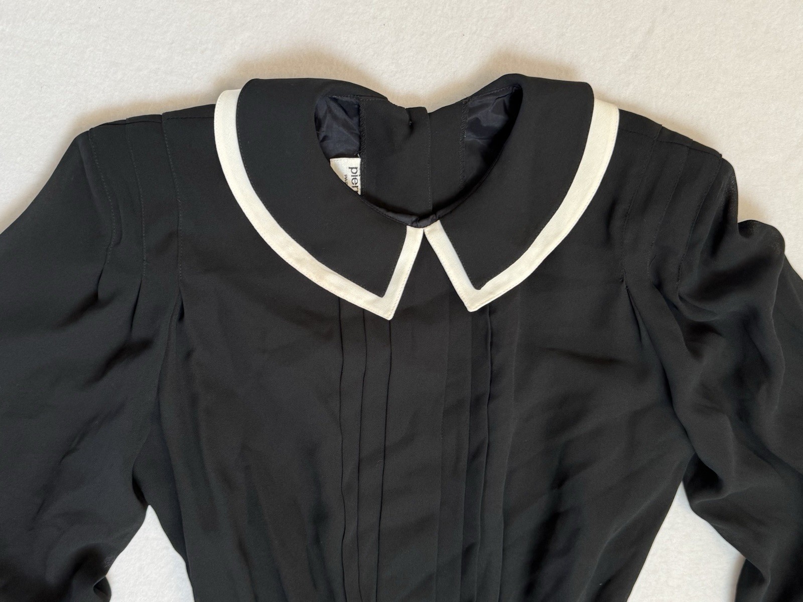 Vintage Pierre Cardin Boutique Black White Crepe Midi Dress Peter Pan Collar 8