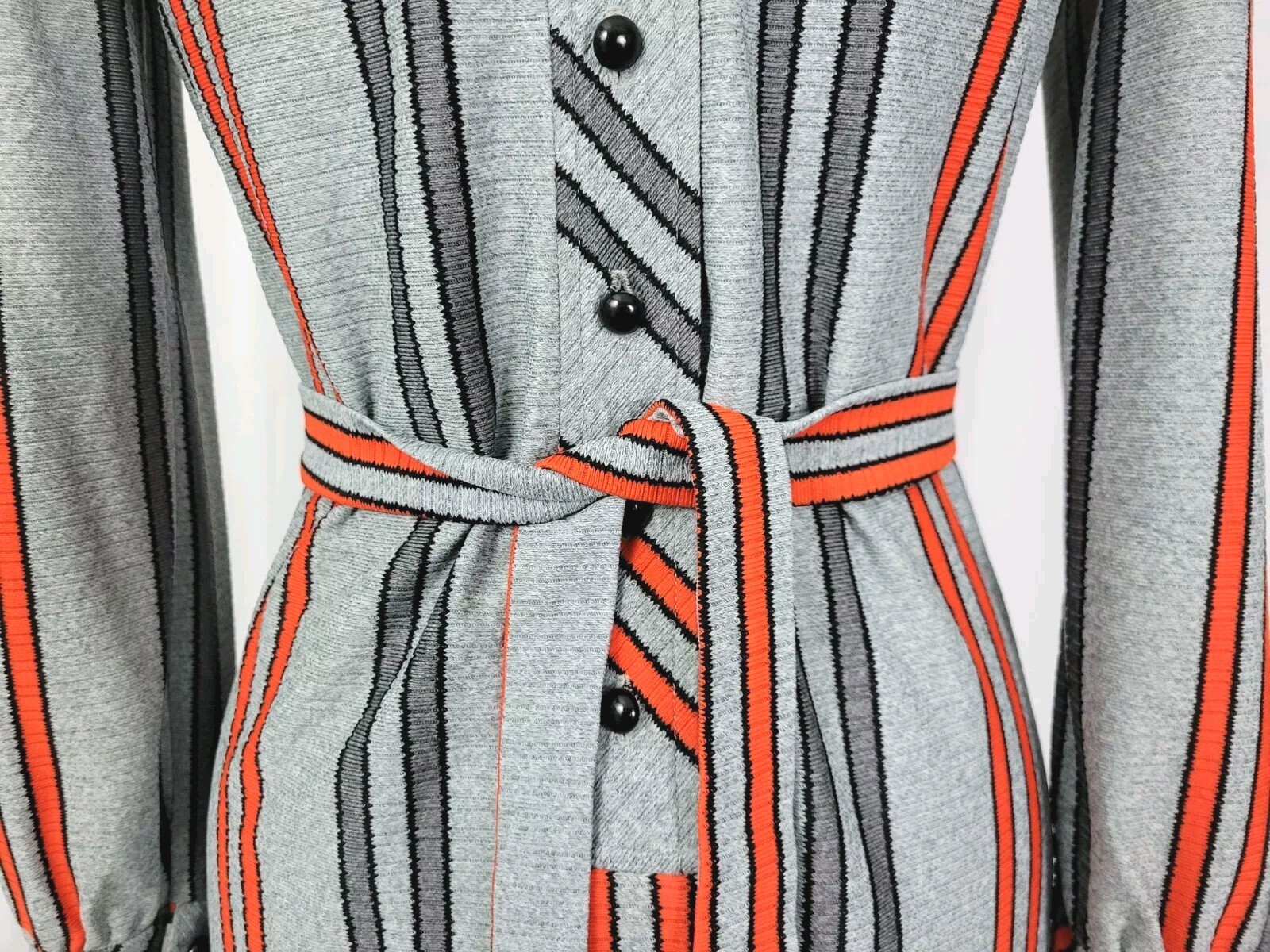 Vtg Grey Button Down Dress w Dark Grey & Orange Stripes & Tie Belt Size M?
