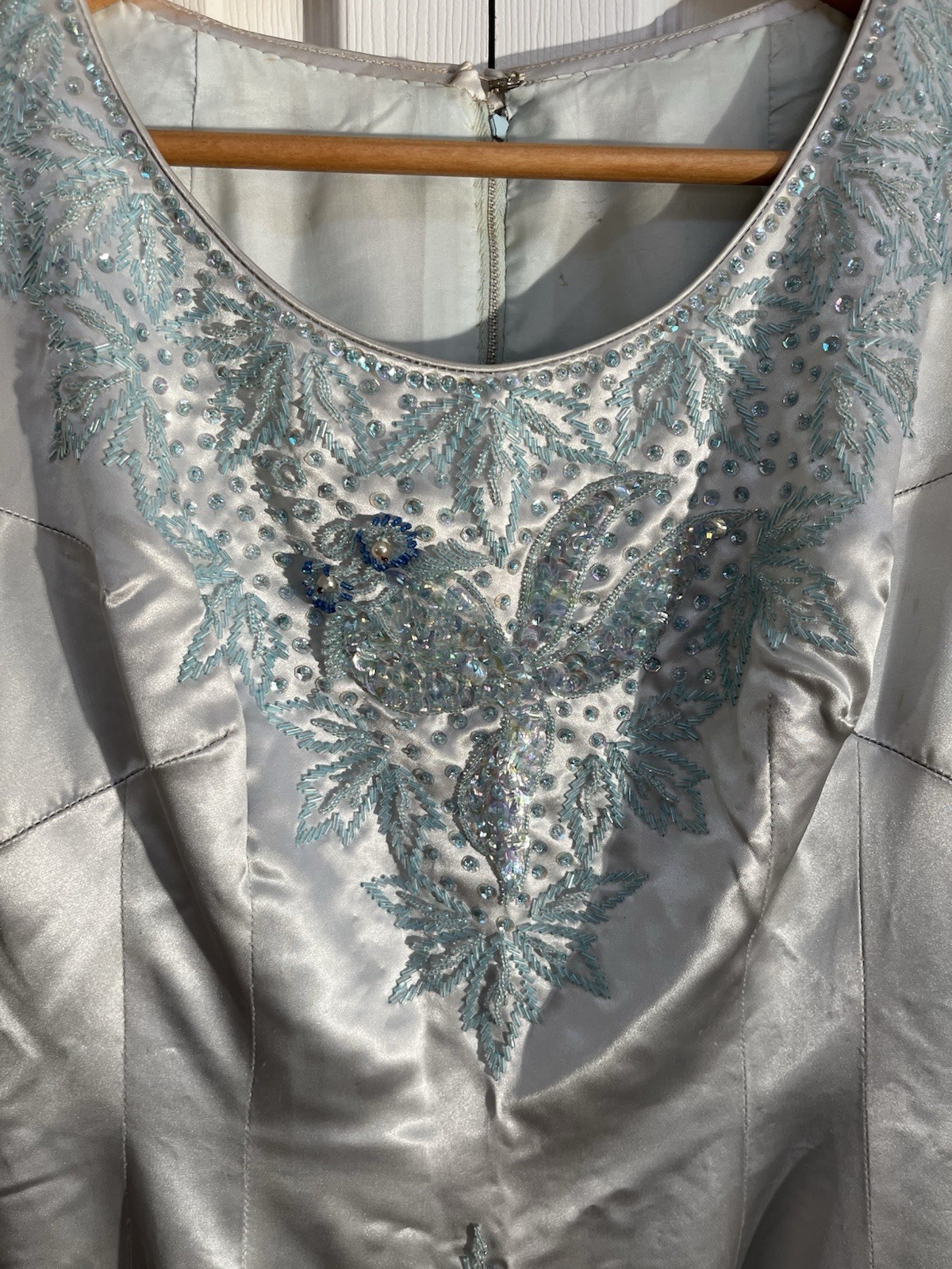VTG 50/60s Satin Hand Beaded Sequin Light Blue Sheath Dress Sz Small Fish Koi