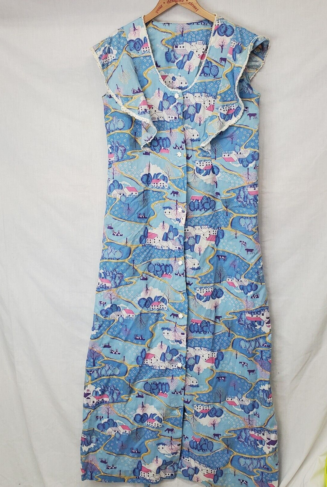Vtg Montgomery Ward House Dress Gown Pajama Cow Barn Print Blue Sleeveless Butto