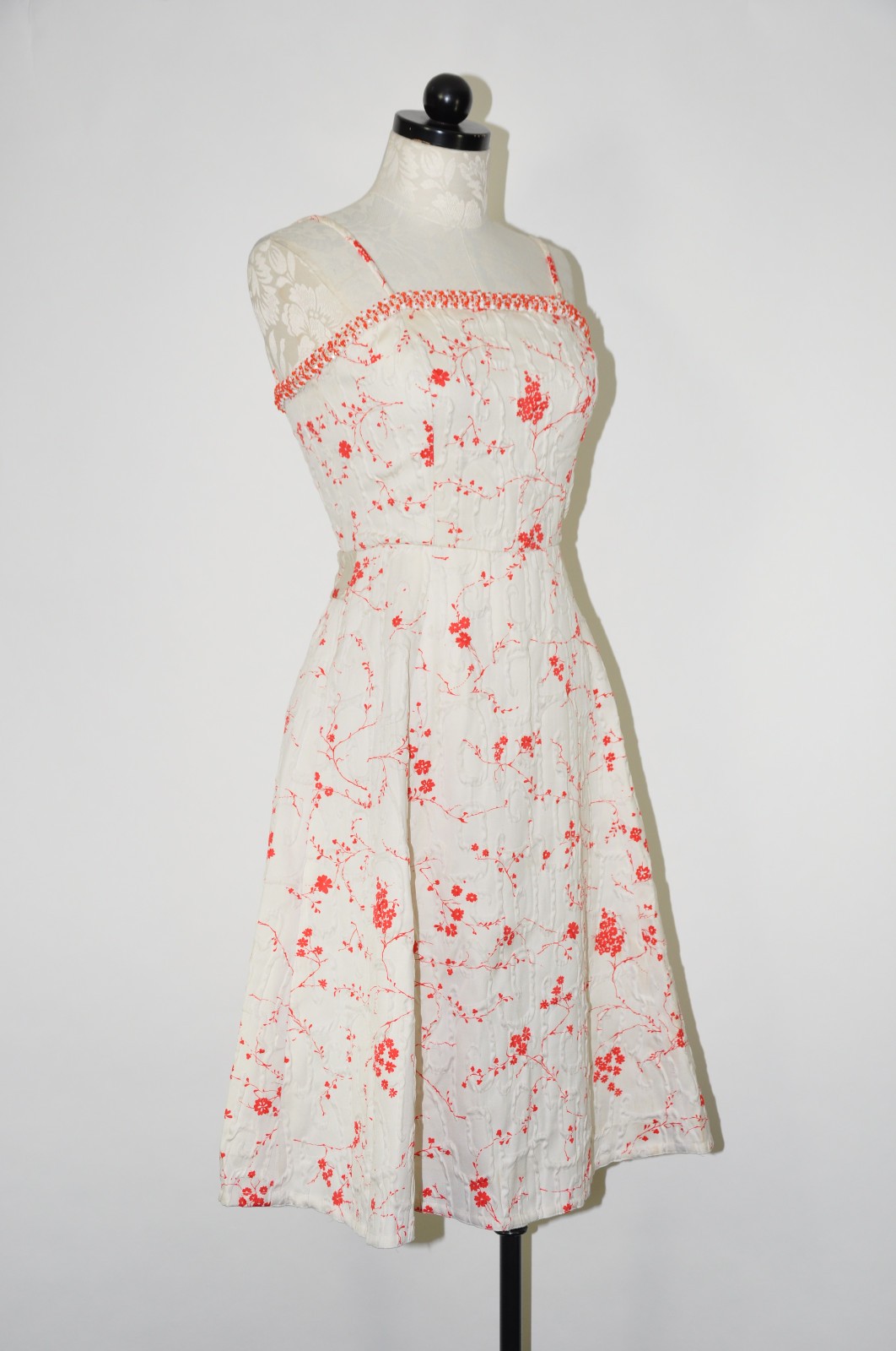 50s Vintage White Red Cherry Blossom Beaded Straps Full Skirt Day Dress Women XS