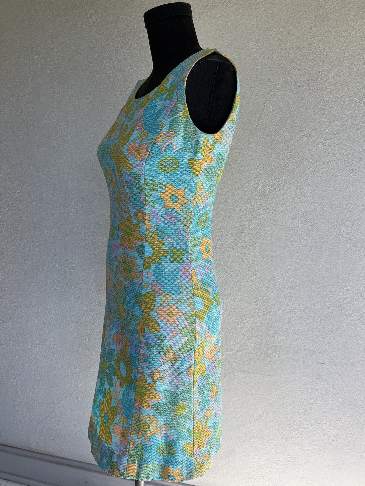 VTG 1960’s Green Pink Orange Damask Floral Shabby Chic Sun Mini Dress S M GREAT